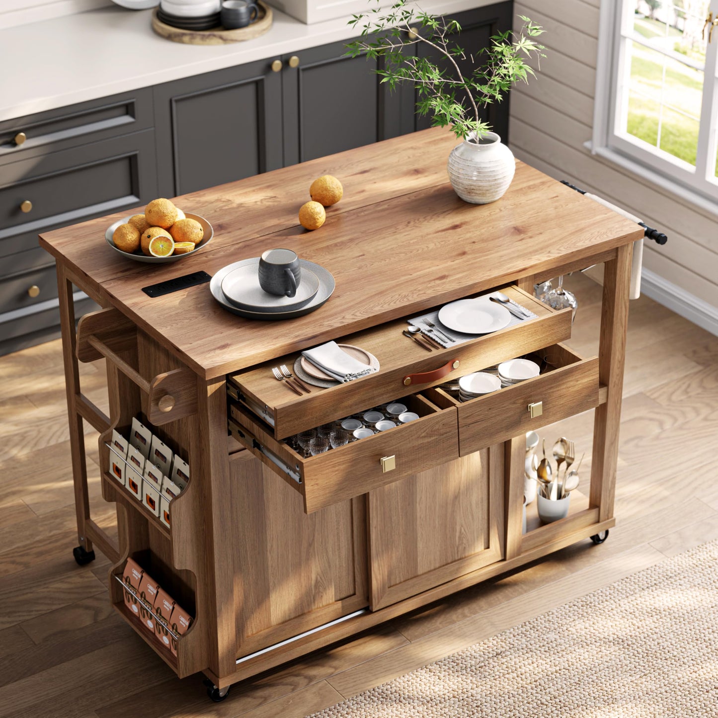 Kitchen Island with Storage & Charging Station, Rolling Kitchen Island Table on Wheels with Drop Leaf & 2 Drawers, Mobile Island Cart with Pull-Out Shelf, Spice Rack, for Dining Room (Natural)
