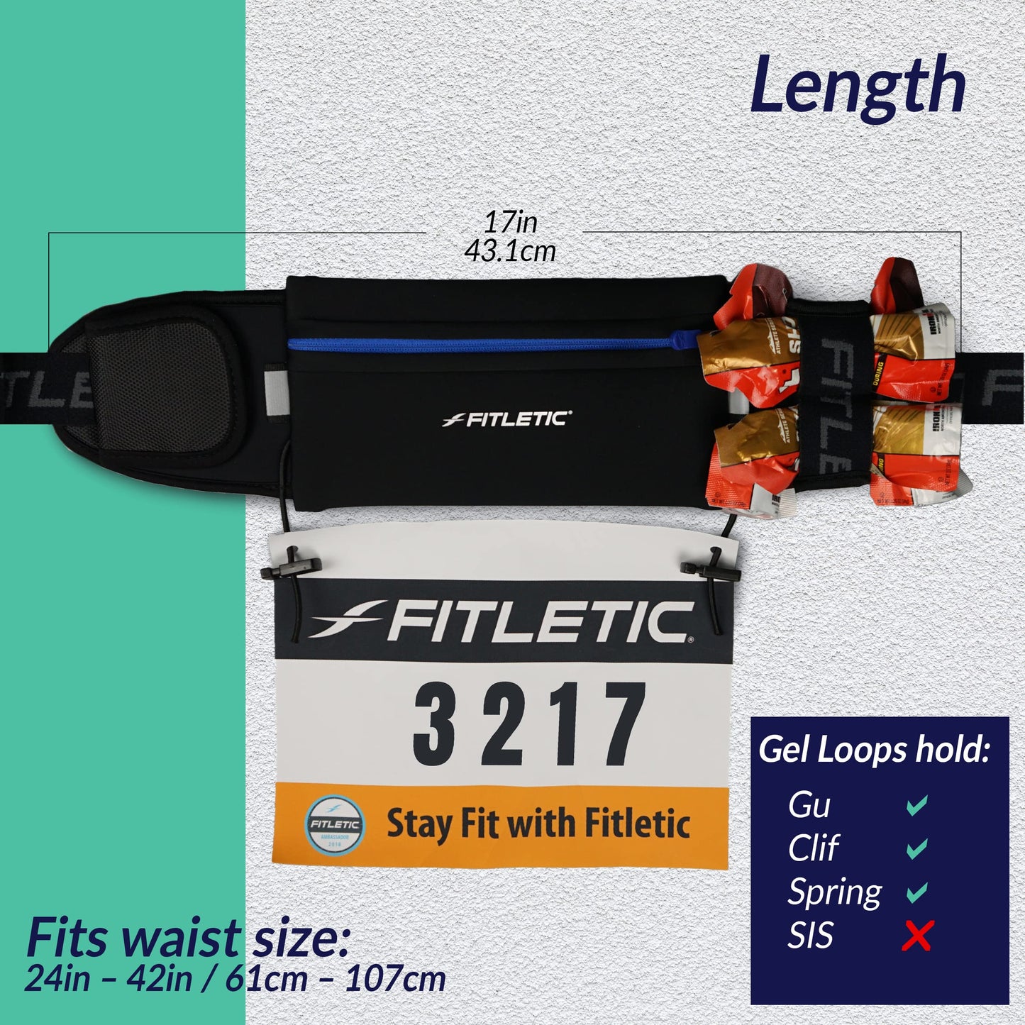 Fitletic Running Belt with Side Pocket, Loops for Energy Gels, Race Bib Number Holder. Waist Pack Water Resistant Phone Holder. Model Ultimate II Black