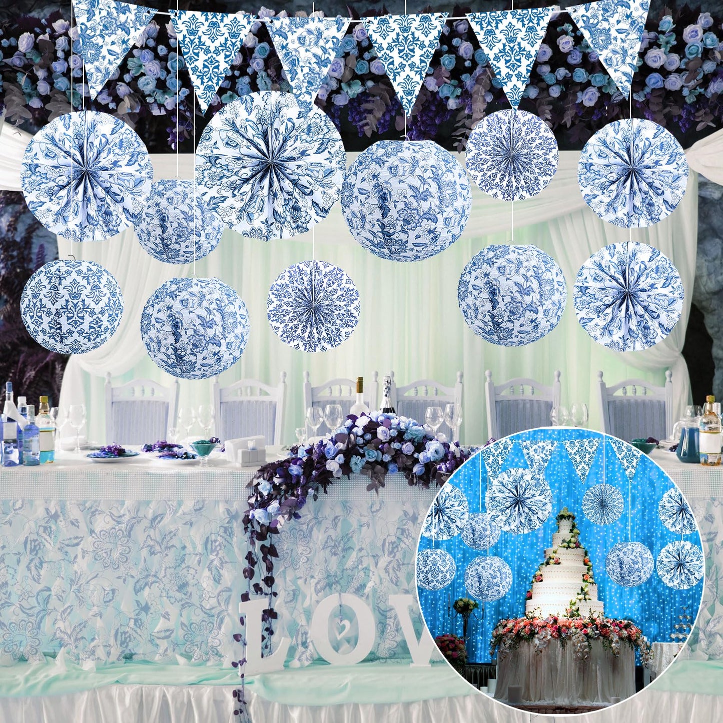Tujoe 19 Pcs Chinoiserie Themed Party Decorations 10 Paper Lanterns 3 Triangle Flags Banner 6 Hanging Round Fans Blue and White Print Chinese Hanging Decoration for Ceiling Wedding Birthday Home Decor