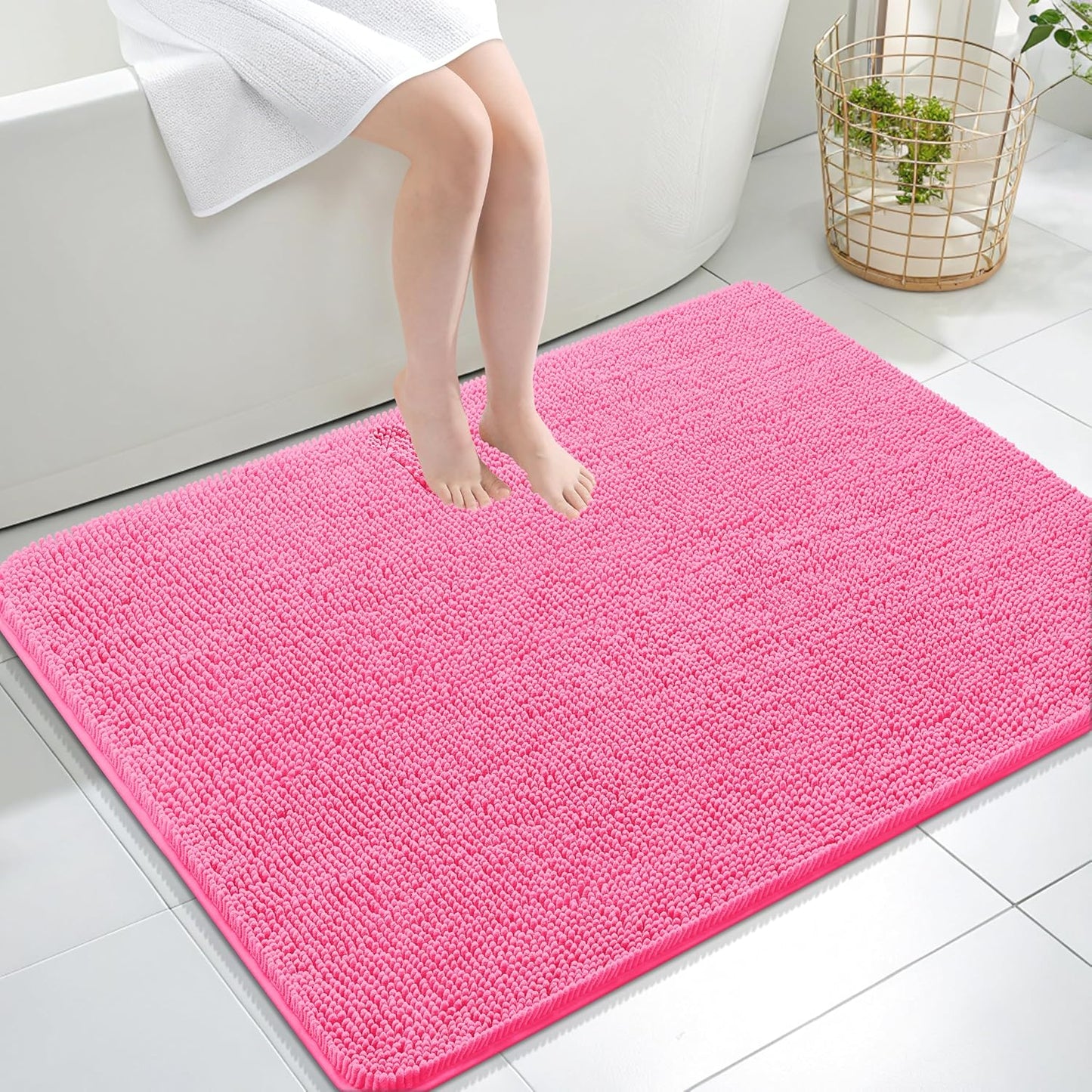 OLANLY Large Bath Rugs - Extra Soft Chenille with Rubber Backing | Quick-Dry, Machine Washable, Hot Pink 40x32