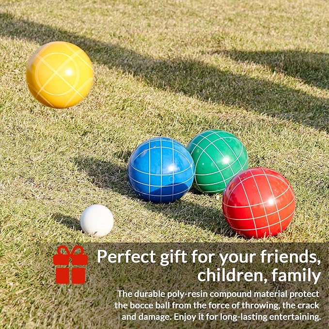 ApudArmis Bocce Balls Set, Outdoor Family Bocce Game for Backyard/Lawn/Beach - Set of 8 Poly-Resin Balls & 1 Pallino & Nylon Carrying Case & Measuring Rope (90mm)