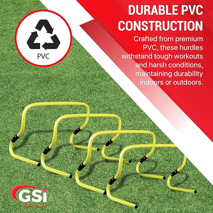 GSi Dual Height Agility Hurdle Pack of 6 – Adjustable 6" & 12" Training Hurdles for Sports, Fitness, and Agility Drills – Durable PVC Yellow Speed Hurdles for Soccer, Track, and Football Training