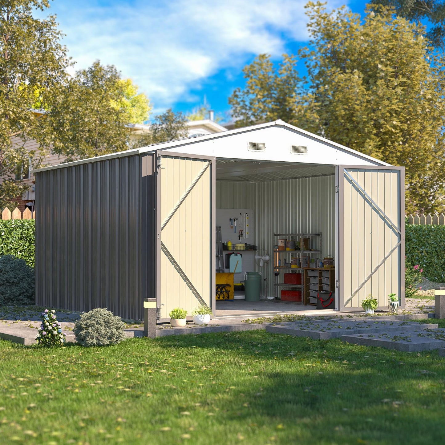 Patiowell 10x8 FT Storage Shed, Outdoor Metal Sheds with Lockable Door and Sloping Roof, Waterproof Outside Large Garden Tool Shed with Breathable Vents for Patio Lawn Backyard, Gray