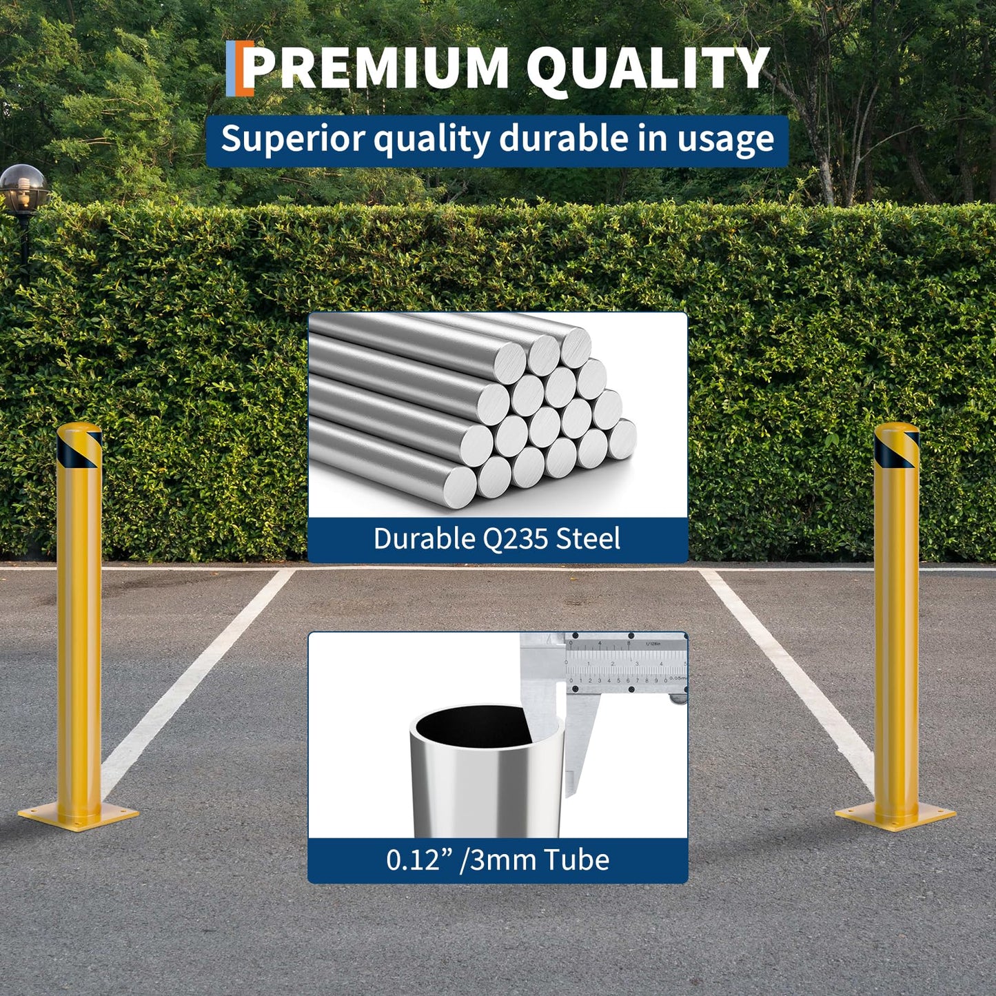 Heavy Duty Steel Safety Bollards 4 Pack, 42 Inch Bollard Posts with Reflective Tape & Anchor Bolts, Removable Parking Bollards for Warehouse, Garage, Parking Lot, Driveway, 4.5 Inch Diameter