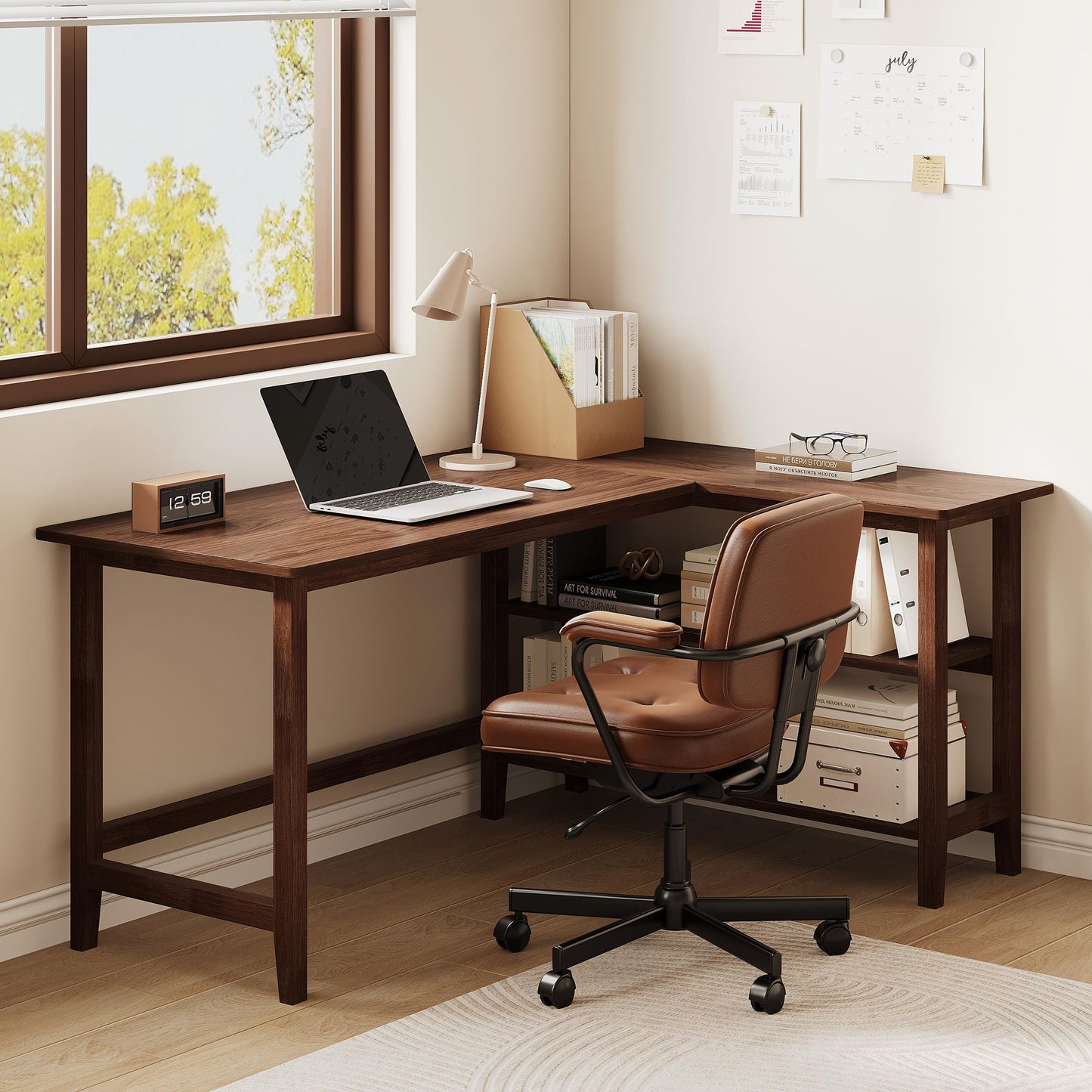 IOTXY Reversible L-Shaped Office Desk - 53" Modern Corner Computer Table with Storage Shelves, Solid Wood Legs, Home Writing & Study Workstation, Walnut