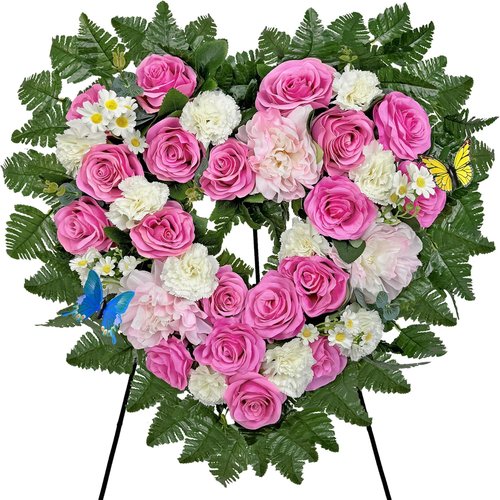MUVIC Cemetery Flower Wreaths - Elegant Heart-Shaped Memorial Floral Arrangement | Pink Hibiscus & Daisy - 27 Inch
