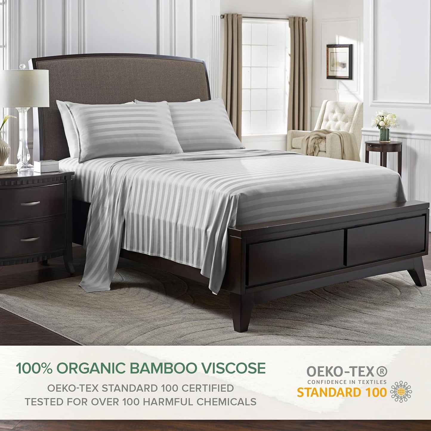 Pure Bamboo Full Sheets - Luxuriously Soft & Cooling 100% Organic Viscose Bed Sheet Set | Jacquard Silver, 2-Year Quality Promise