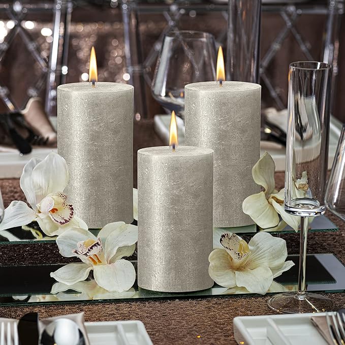 BOLSIUS Silver Shimmer Metallic Pillar Candles 4 Pack - 2.75 X 7.5 Inches - Premium European Quality - Includes Natural Plant-Based Wax - Unscented Dripless Smokeless 85 Hour Party Décor Candles
