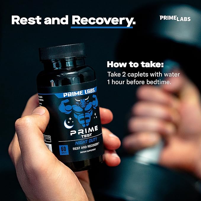 Prime Labs Night Duty - Nighttime Testosterone Booster & Sleep Support - PM Rest & Muscle Recovery Supplements - 60 Count