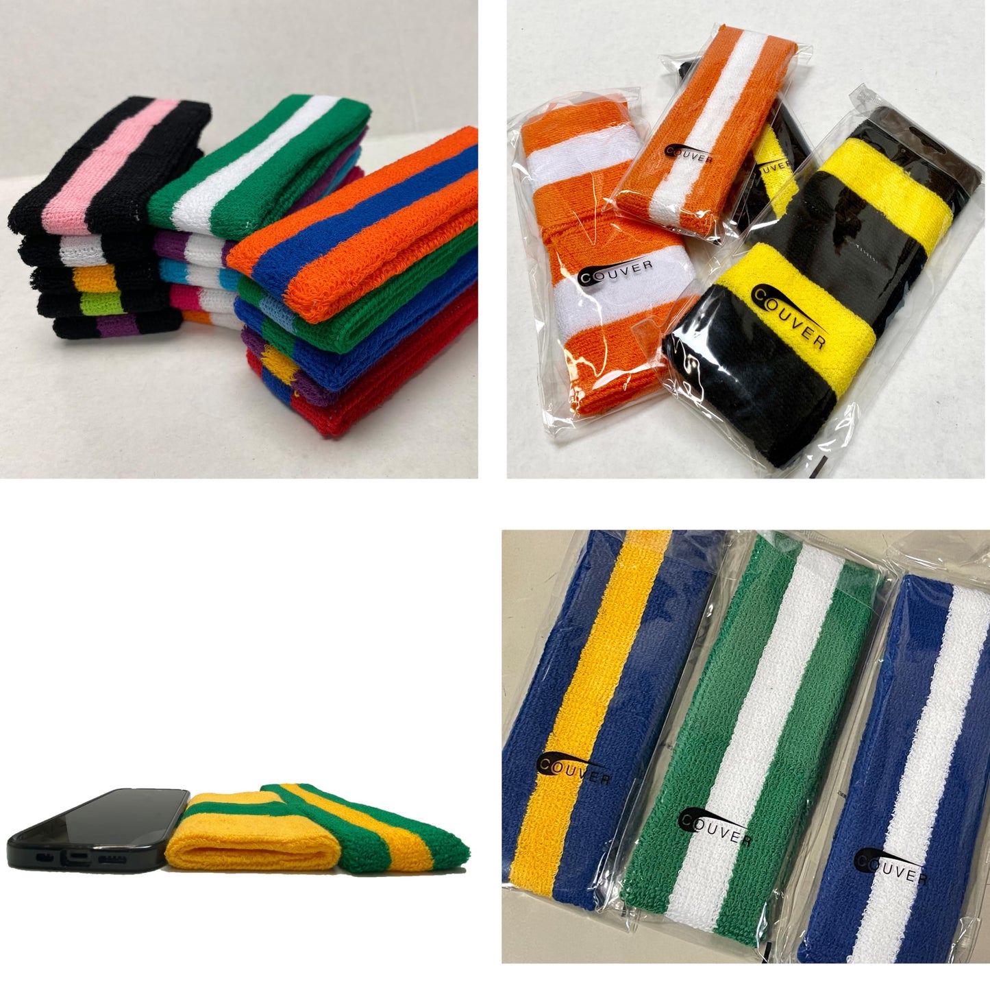 COUVER Sweatband Set (3-Pack) - Cotton Terry Cloth Sports Headband & Wristbands - Moisture Wicking for Basketball, Tennis & Fan Gear, Golden Yellow/Purple