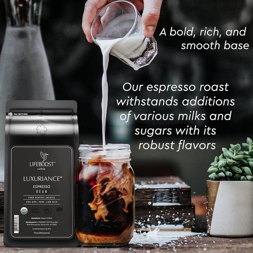 Lifeboost Organic Espresso Whole Bean Coffee - Low Acid, Non-GMO, USDA Organic | 12 oz Bag
