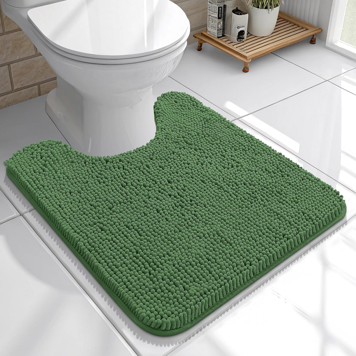 OLANLY U-Shaped Toilet Rugs - Extra Soft Absorbent Chenille Bath Mat | 20x20, Olive Green, Machine Washable