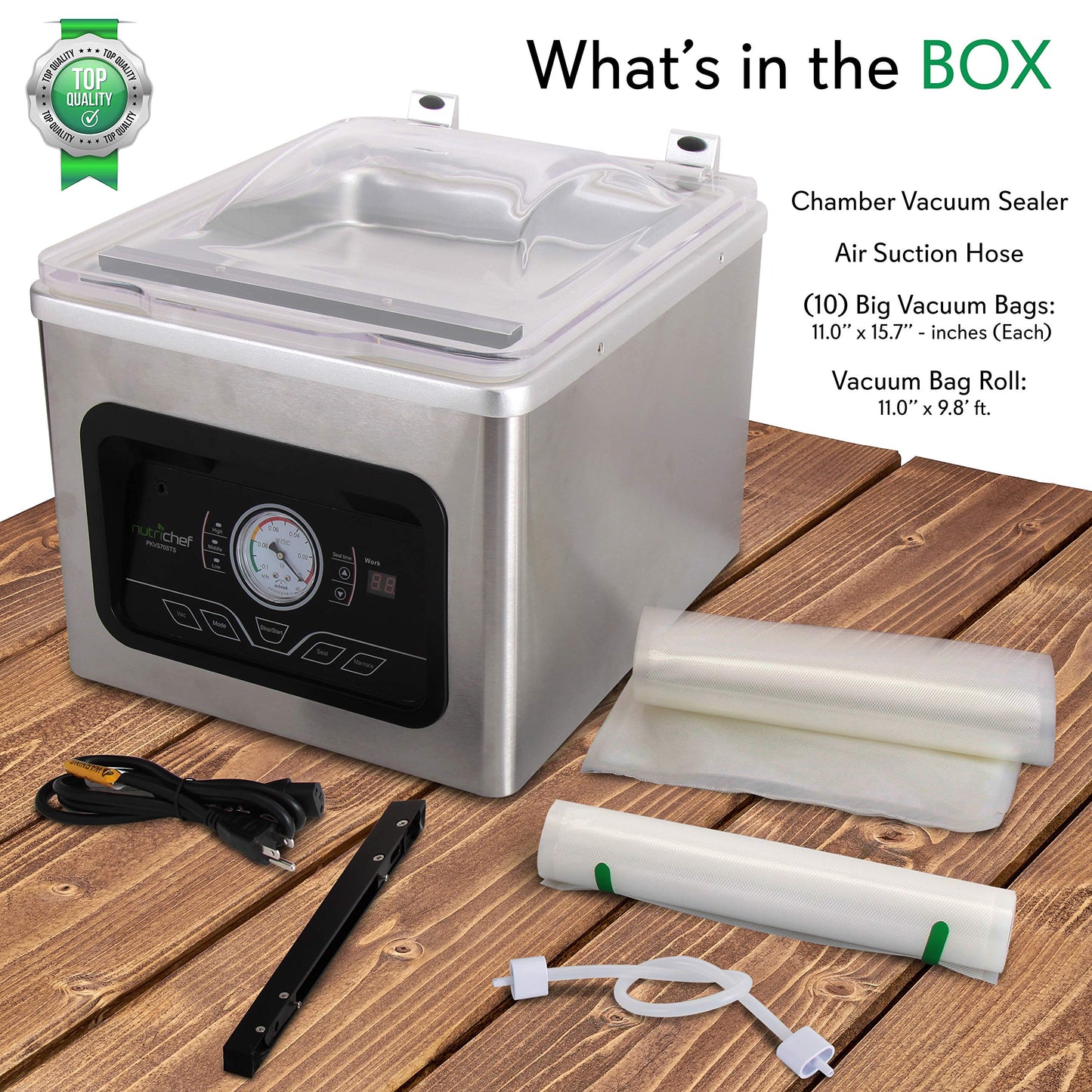 NutriChef Vacuum Sealer Machine - 350W Commercial 8L Chamber Type Automatic System Air Seal Machine Meat Packing Sealing Storage Preservation Sous Vide, Vac Roll Bags -NutriChef PKVS70STS