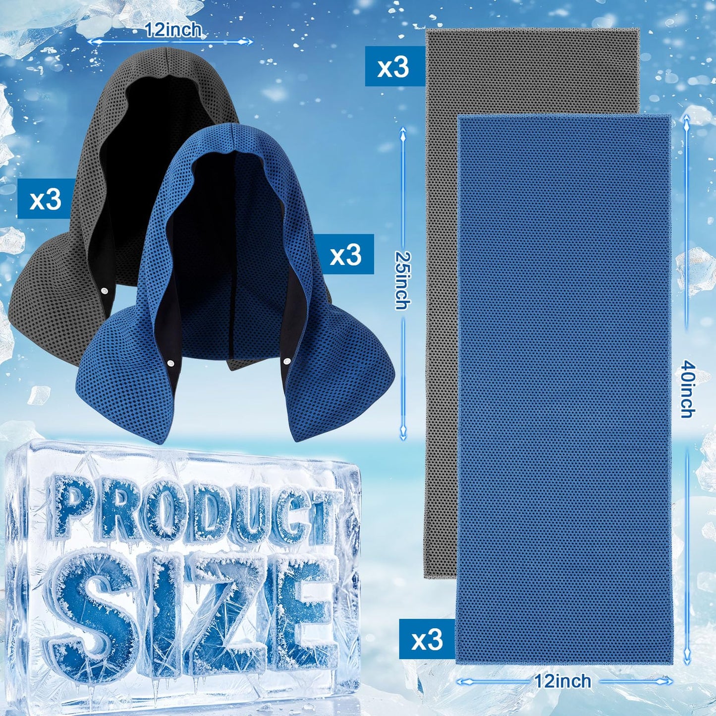 Honoson 12 Pcs Cooling Hooded Towels for Neck and Face UPF 50 Sun Protection Cooling Neck Wrap Breathable Ice Towels for Outdoor Work Running Fishing Gardening (Dark Gray,Dark Blue)