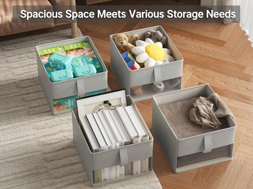 Foldable Storage Bins by [Brand Name] - Breathable Fabric Organizers with Clear Window | 3-Pack Gray, 11.5 x 8.75 x 6.5in