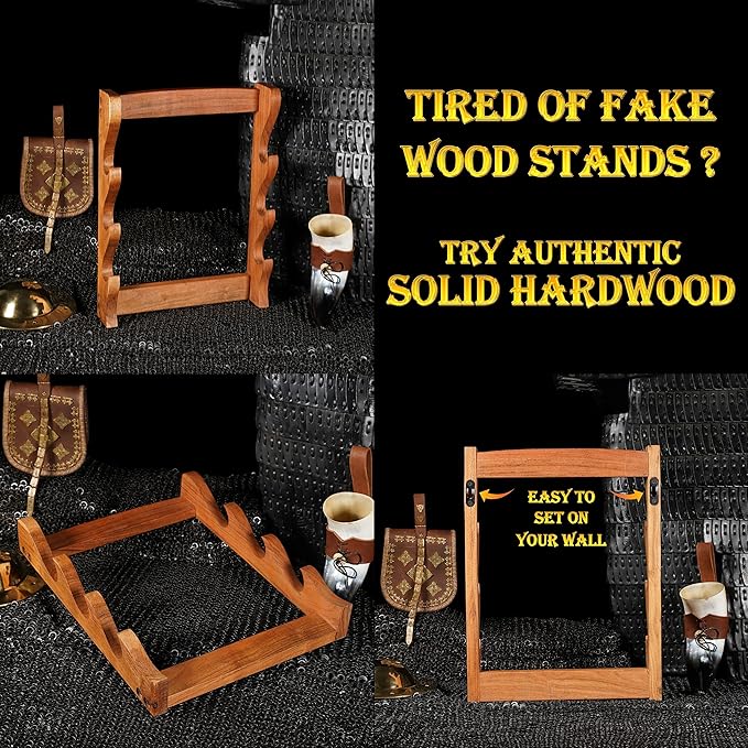 Mythrojan Solid Wood Sword Stand Medieval Sword Wall Mount Samurai Sword Display Stand Katana Sword Holder Gladiator Sword Wall Display Crusader Sword Stand Knife Stand for Display - Three Tier Stand