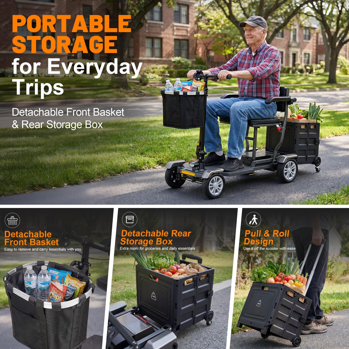 Lightweight Mobility Scooters for Seniors and Adults, Foldable 4-Wheel Motorized Scooter with Storage Crate & Basket, Aluminum Frame, 350W Motor, 24V 12Ah Battery, 20 Miles Range, 400Lbs Capacity