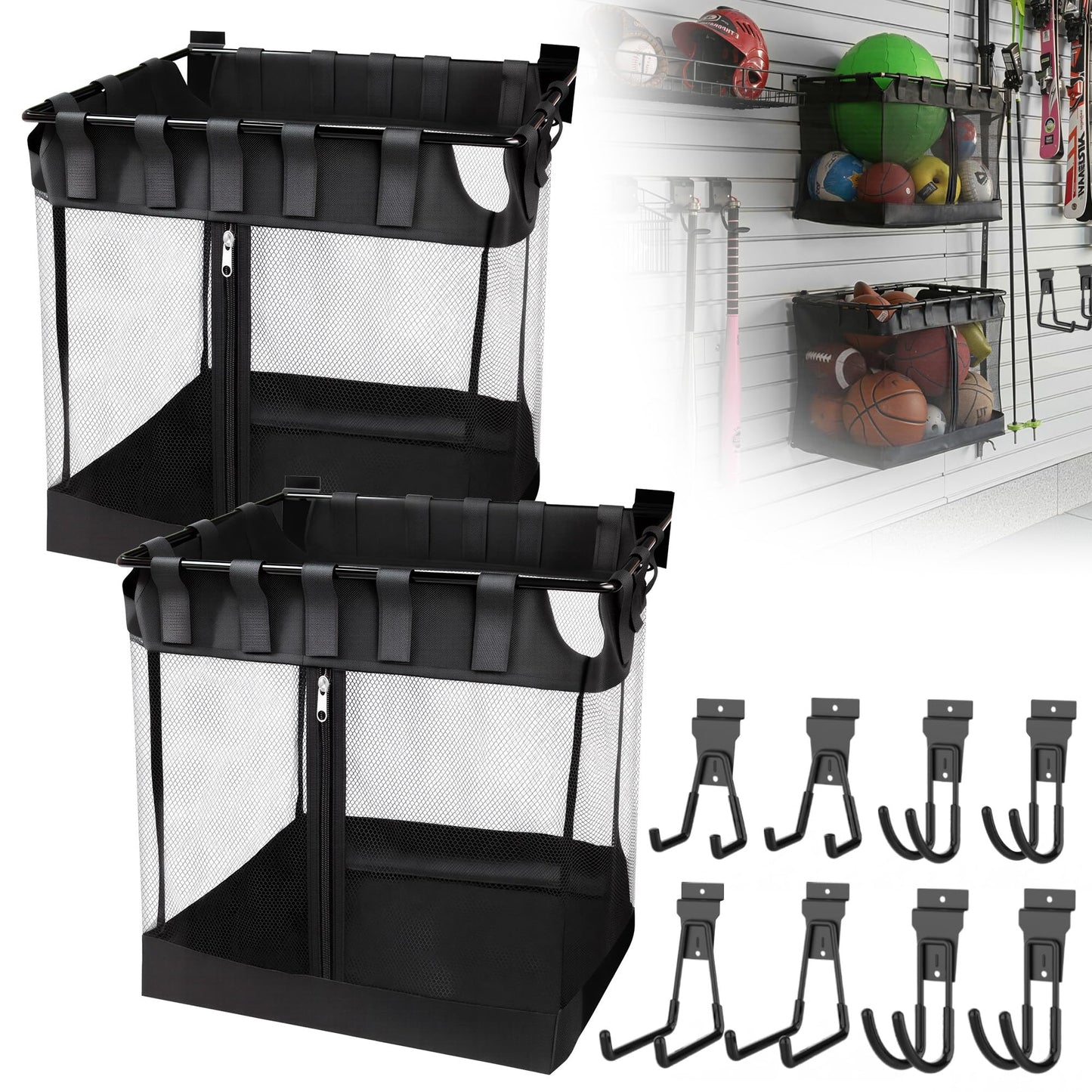 NUMAKY 10PCS Slatwall Accessories Kit, Includes 2 Large Mesh Slatwall Baskets with Zipper & 8 Heavy Duty Multifunctional Hooks, for Sports Equipment, Tools & Garage Organization
