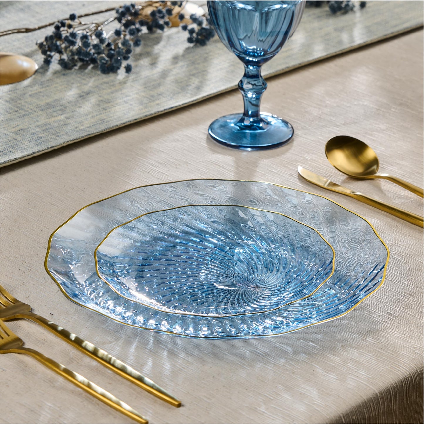 PLASTICPRO 120 Pack Plastic Plates Set of 60-10 inch Plates and 60-7 inch Plates, Elegant Clear Blue Spiral and Gold Rim Disposable Fancy Plates Premium Heavyweight
