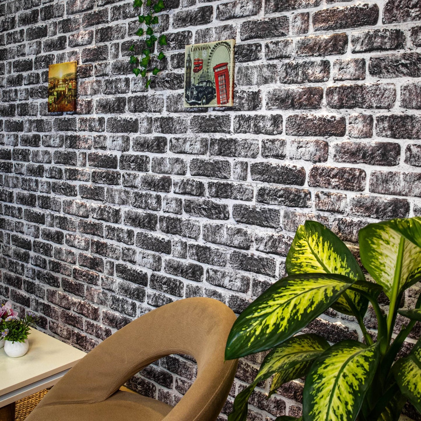 Dundee Deco 3D Wall Panels Faux Brick - Cladding, Charcoal White Stone Look Wall Paneling, Styrofoam Facing for Living Room, Kitchen, Bathroom, Balcony, Bedroom, Set of 10, Covers 54 sq ft