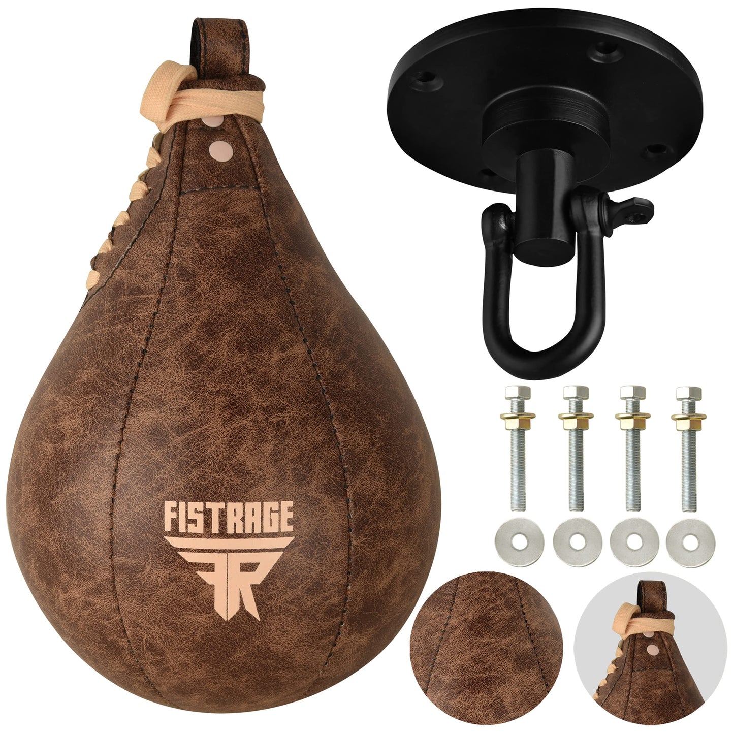 FISTRAGE Speed Bag Boxing Ball Leather MMA Muay Thai Training Punching Dodge Striking Kit with Free Hanging Swivel Workout Speedball Kicking Platform Equipment (Vintage Beige)