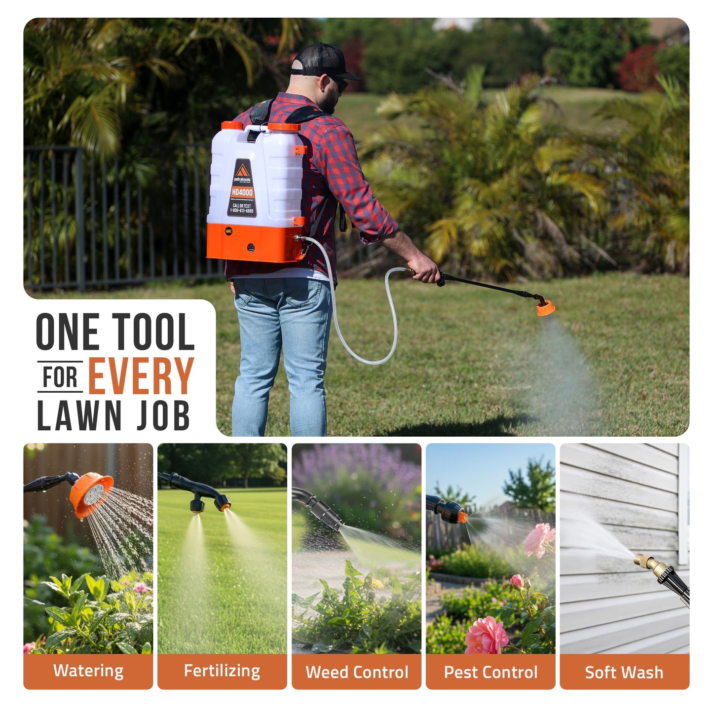 PetraTools Battery Powered Backpack Sprayer 4 Gallon - 6 Hours Long Battery Life & Padded Straps for Comfort - HD4000 Electric Backpack Garden Sprayer with 6 Spray Nozzles & 90PSI Adjustable Pressure