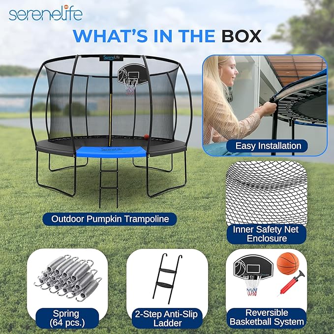 SereneLife 8FT 10FT 12FT 14FT Outdoor Trampoline for Kids and Adults – ASTM Certified Heavy-Duty Backyard Trampoline with Safety Poles, Net Enclosure, and Stable Anti-Rust Frame