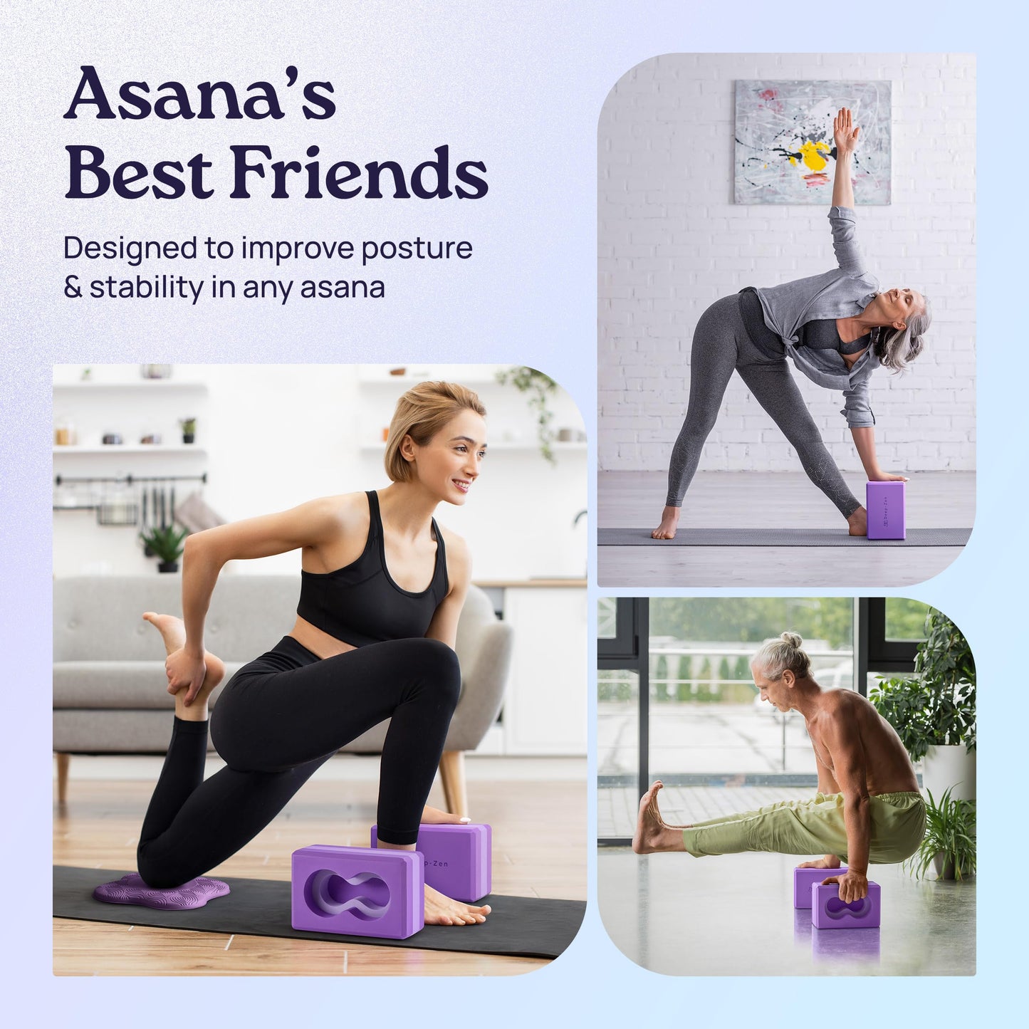 Deep-Zen® Yoga Blocks Wrist Support; Yoga Blocks 2 Pack with Knee Pads and Strap to Put Less Weight on Wrists; Durable, Versatile Yoga Brick Exercise Block Set, Blocks Yoga (Purple)