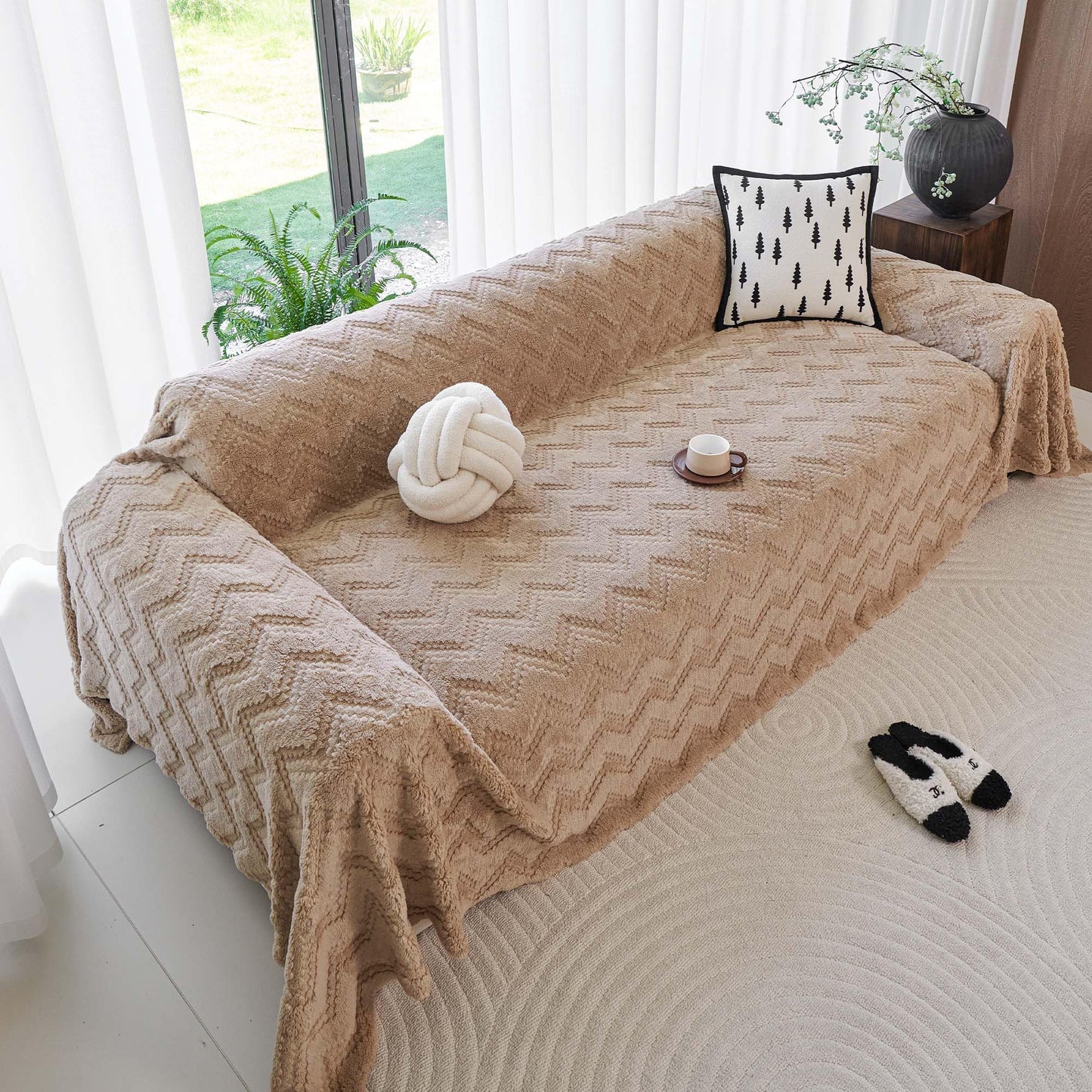 Yajue Chenille Couch Cover for 3 Cushion Sofa Pet Friendly Furniture Covers, Boho Sofa Covers Washable L Shape 3 Seater Couch Cover, 71"x 150", Beige