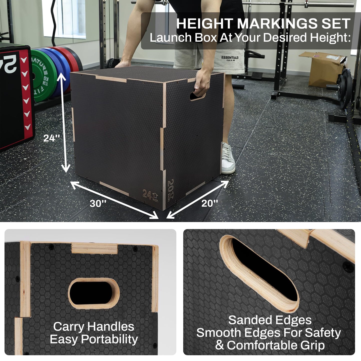 Signature Fitness 3 in 1 Non-Slip Wooden Plyo Box Plyometric Box Jumping Exercise, 20x24x30 Inches, Gray