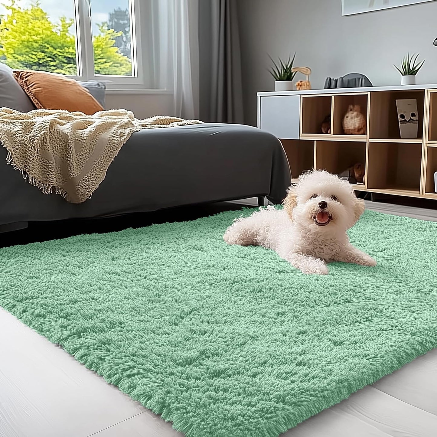 OLANLY Soft Fluffy Shaggy Bedside Rug - 3x5 Machine Washable Indoor Carpet in Mint Green for Kids & Nursery
