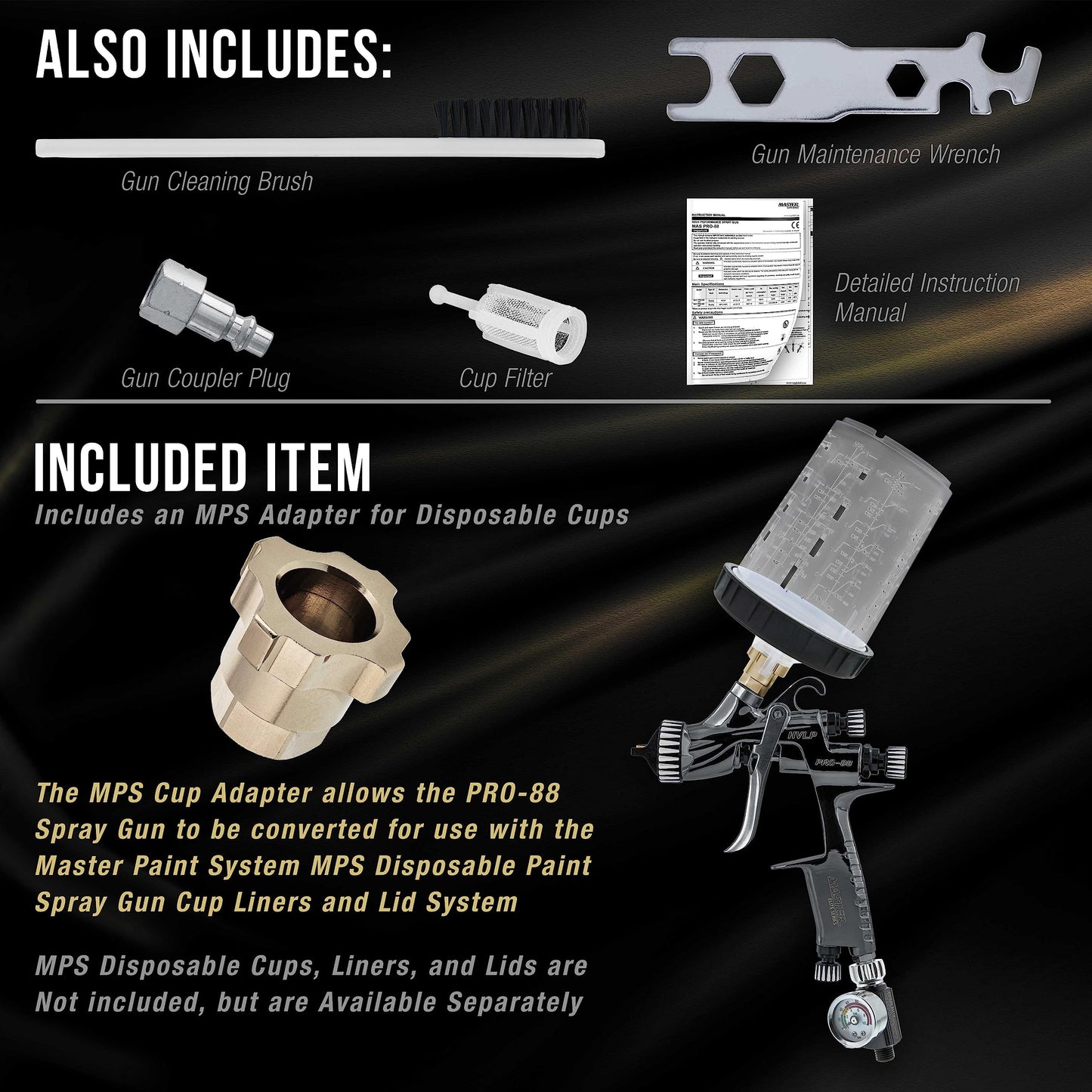 Master Elite Performance PRO-88 HVLP Automotive Spray Paint Gun with 3 Tips 1.3, 1.4 and 1.8mm, 1L Cup, Regulator Gauge, MPS Adapter - Auto Paint Spray Gun for Automotive Basecoats, Clearcoats