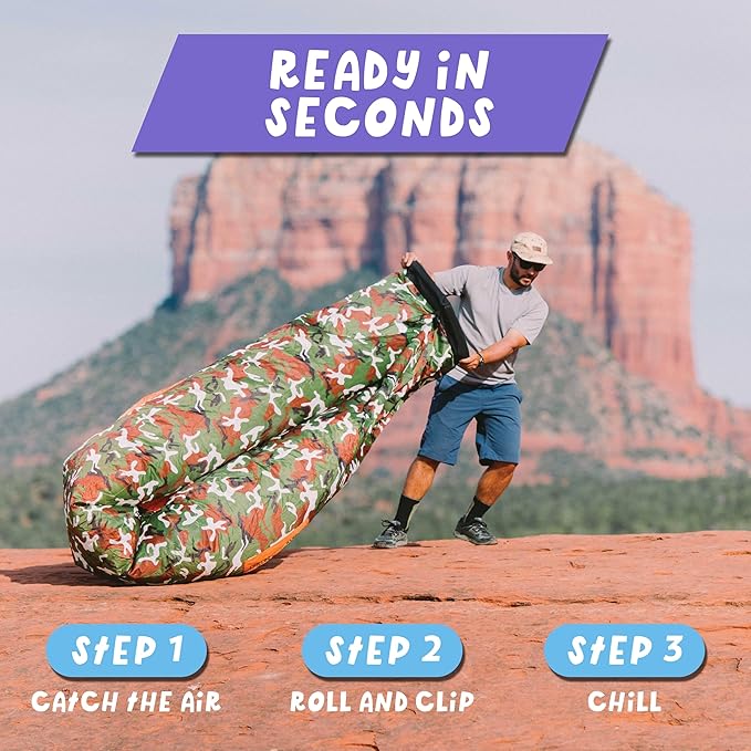 Chillbo Shwaggins Inflatable Couch – No-Pump Setup, Ripstop Polyester, Stability Pegs, Fun Prints, Portable Air Lounger for Beach, Camping, Festivals, and Tailgating - 60s Pyschedelic