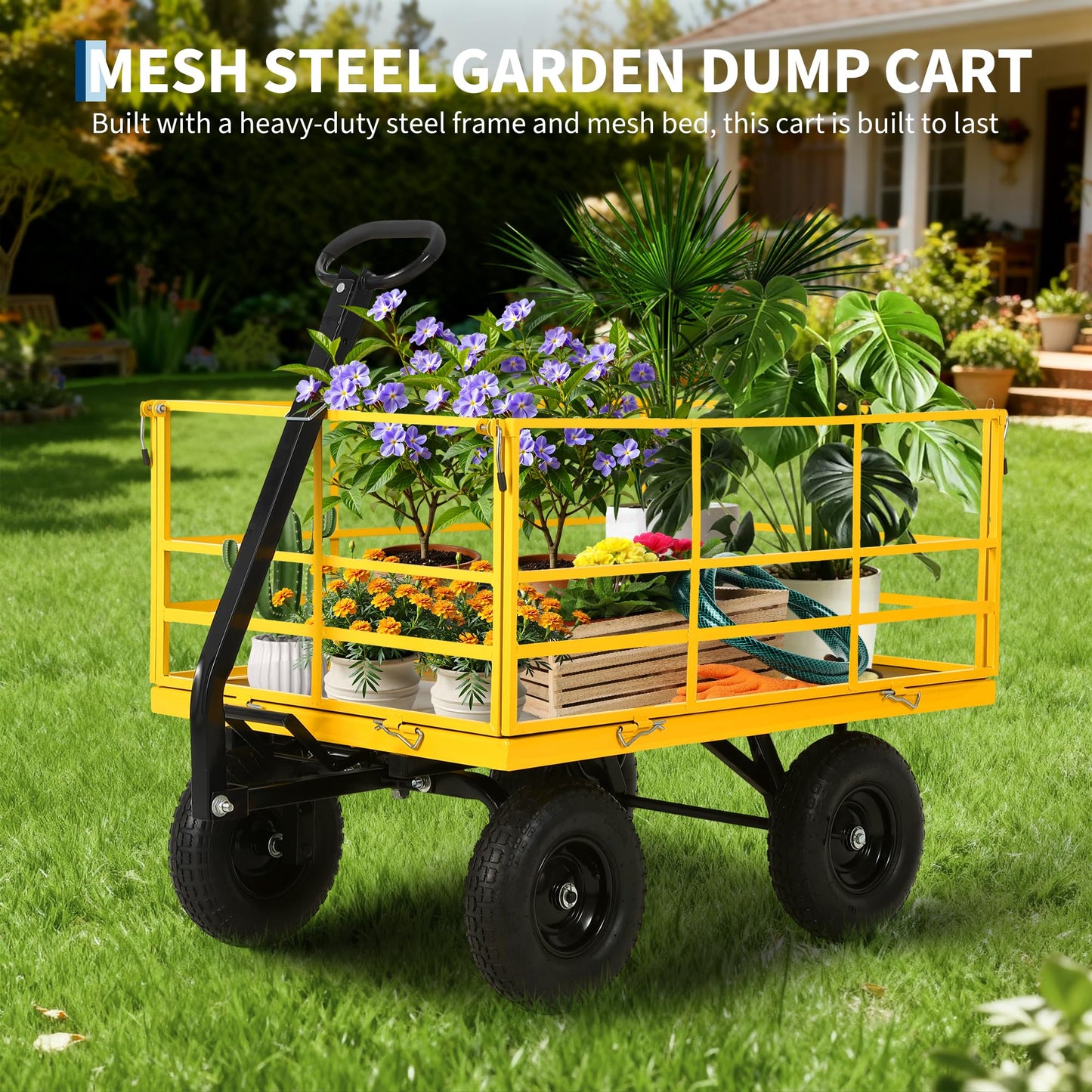 Heavy Duty 1500 Lbs Capacity Mesh Steel Garden Cart Folding Utility Wagon with Removable Sides, Garden Cart on Wheels for Gardening Soil, Tools, and Plant Transport