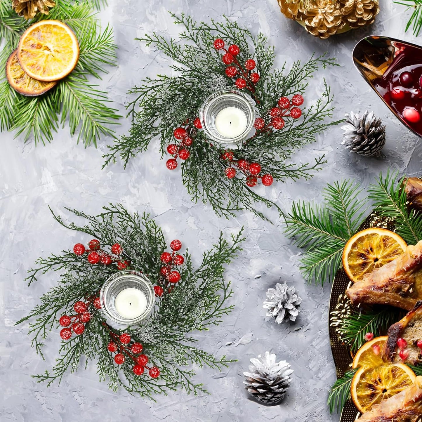 Skiennix Christmas Candle Rings - 6 Pcs Artificial Wreaths with Red Berries & Snowy Pine | Festive Table Centerpiece