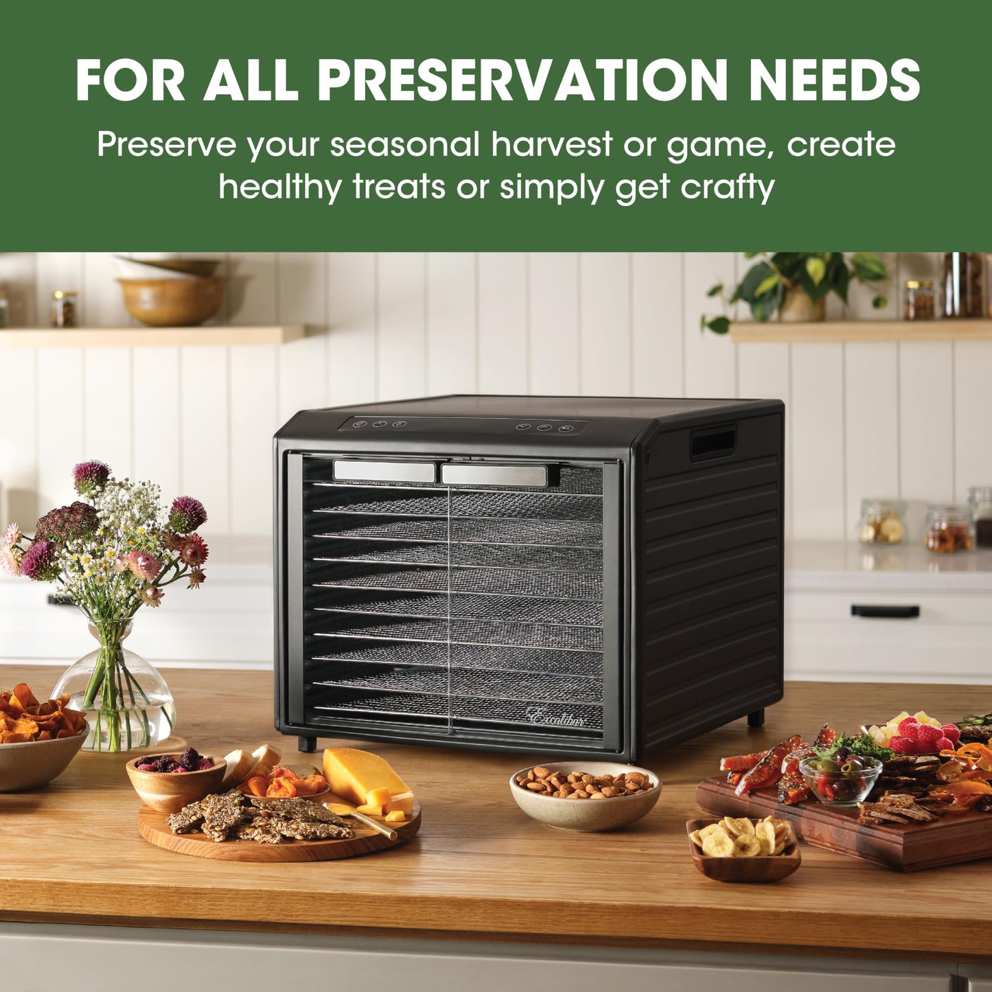 Excalibur Food Dehydrator 10-Tray Select Series for Jerky, Fruit, Vegetables, Herbs, Pet Treats, Stainless Steel with Glass Doors and 60 hour digital timer, 10-Tray, Black