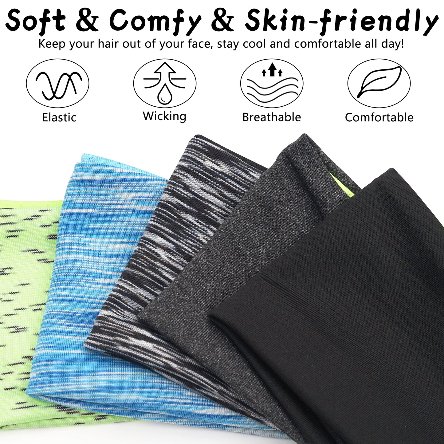 5 Pack Sports Headband for Men, Thin Breathable Design, Reused & Washed Mens Headband Sweat Bands for Running Yoga Football Fitness Workout