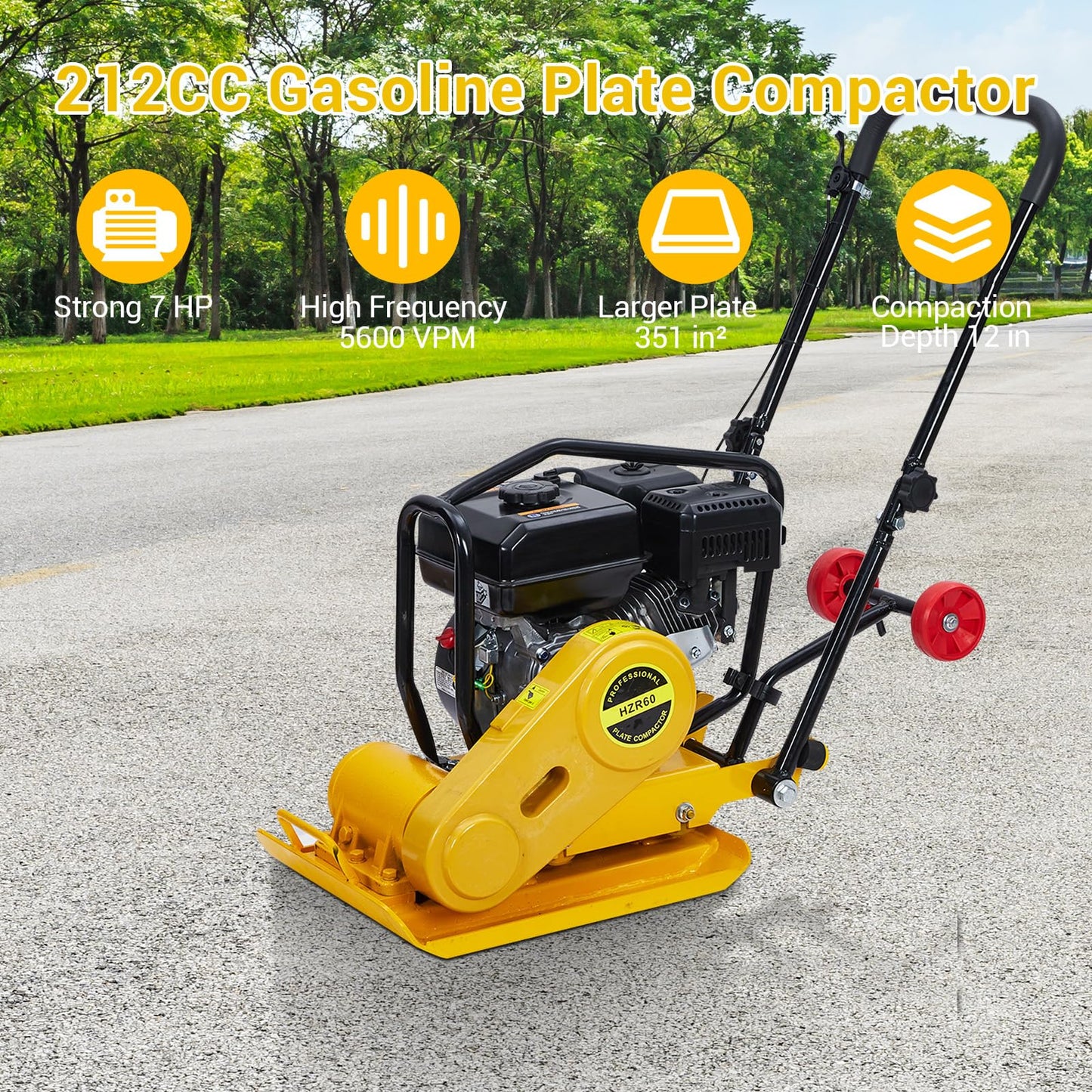 GarveeTech 7HP Plate Compactor, 212CC Gas Engine Jump Jack Compactor, 4200 Lb Compacting Force, 5600 VPM Pavement 22.1x15.9 Inch Plate Compactor for Sidewalks, Asphalt, Pavers, Landscaping