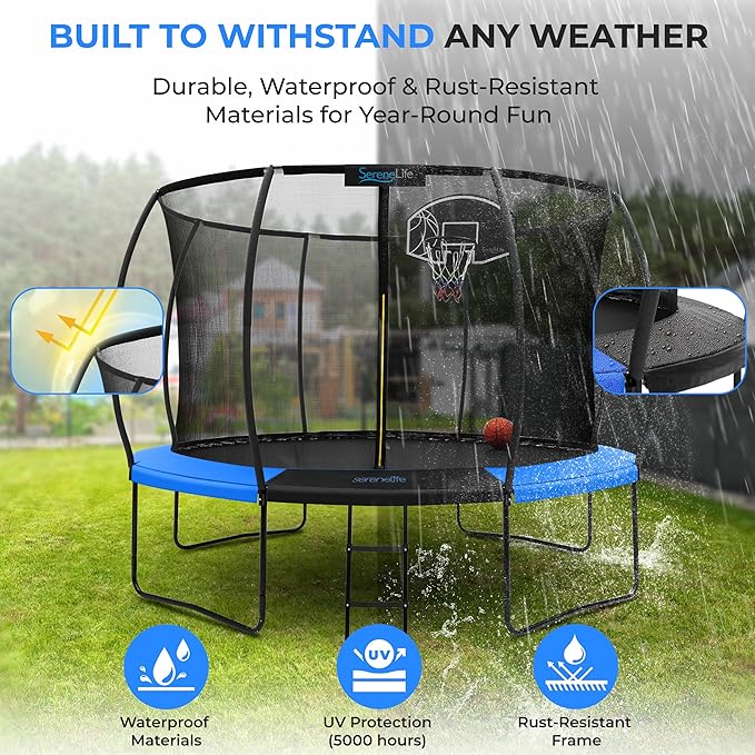 SereneLife 8FT 10FT 12FT 14FT Outdoor Trampoline for Kids and Adults – ASTM Certified Heavy-Duty Backyard Trampoline with Safety Poles, Net Enclosure, and Stable Anti-Rust Frame