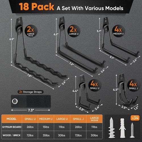 Nacial Heavy-Duty Garage Hooks - 18 Pack Utility Steel Wall Mount for Bikes, Ladders & Tools