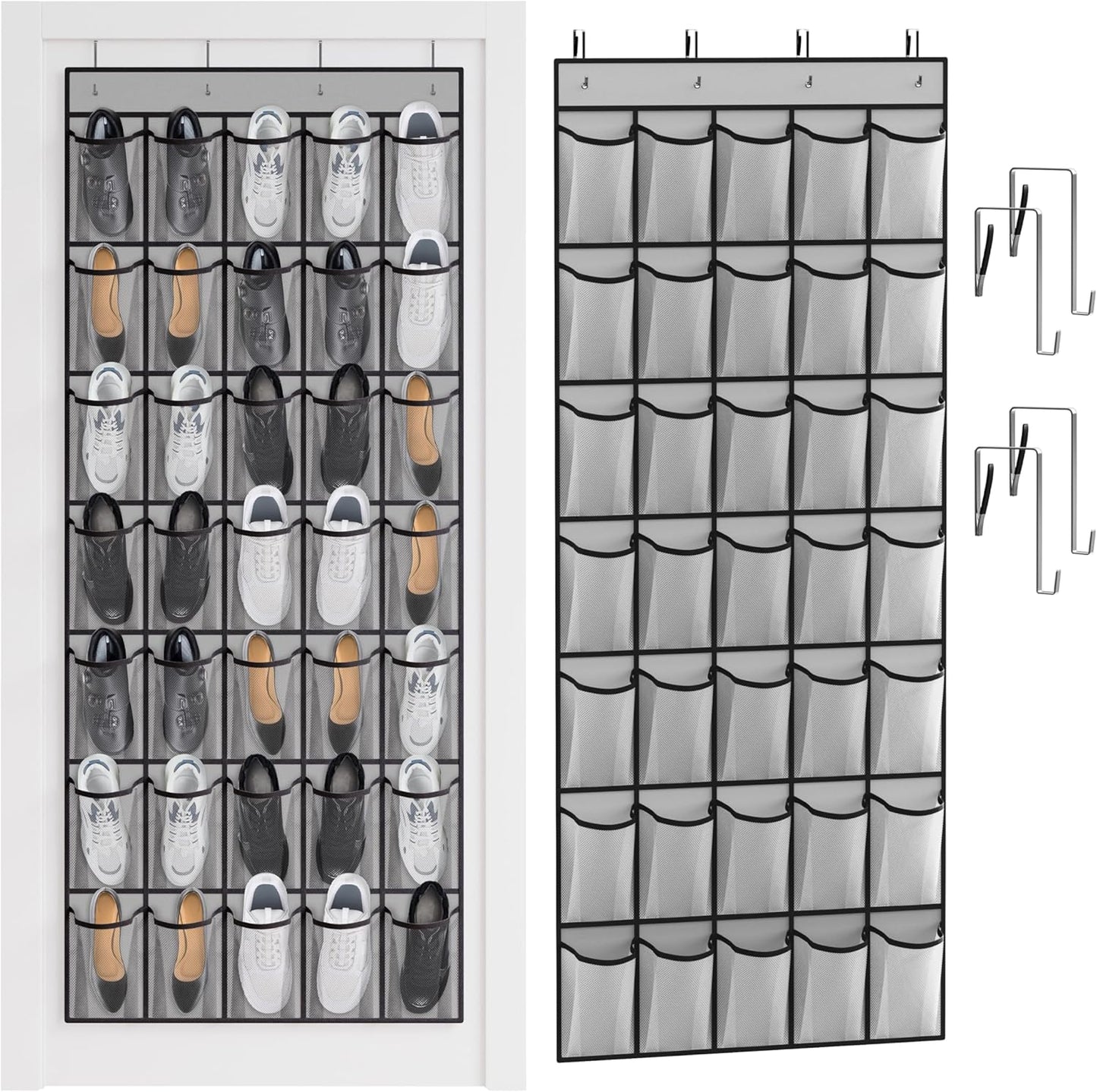 WVM Over The Door Shoe Organizer - 35 Breathable Mesh Pockets | Large Capacity Closet Storage in Grey