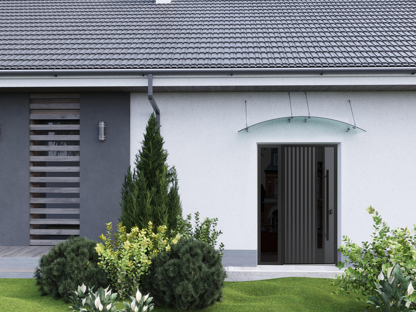 VDOMDOORS Front Exterior Prehung Steel Door/Ronex 0144 Grey/Side Exterior Window Sidelite/Entry Metal Modern Painted W36+14" x H80 Left Hand Inswing