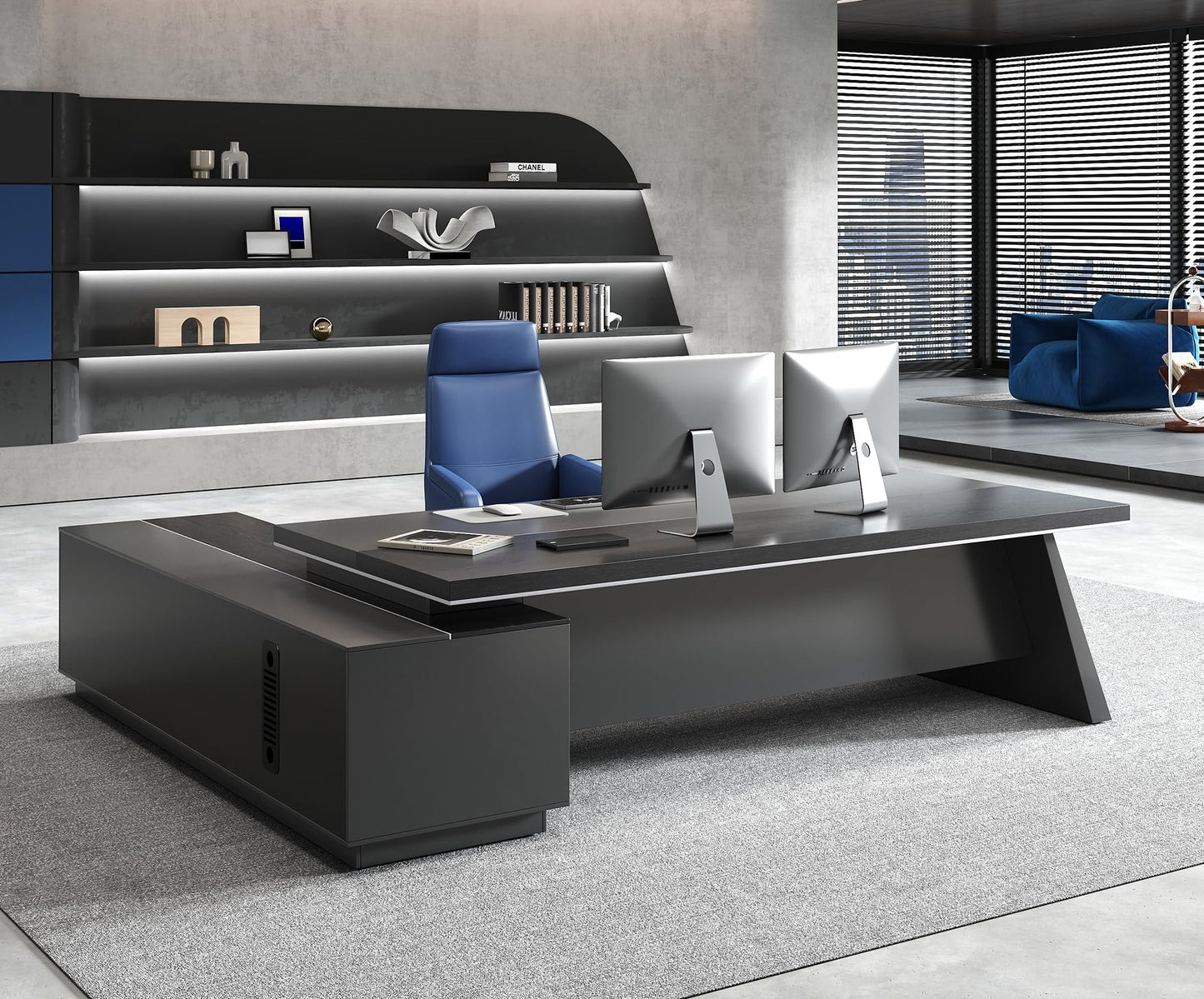 Anzhap 87" Executive Office Desk with Power Outlets & USB Ports, L-Shaped Executive Computer Desk with Drawers, Enclosed Cabinet, Ventilated CPU Compartment (Right Return, 87" L x 63" W x 30" H)