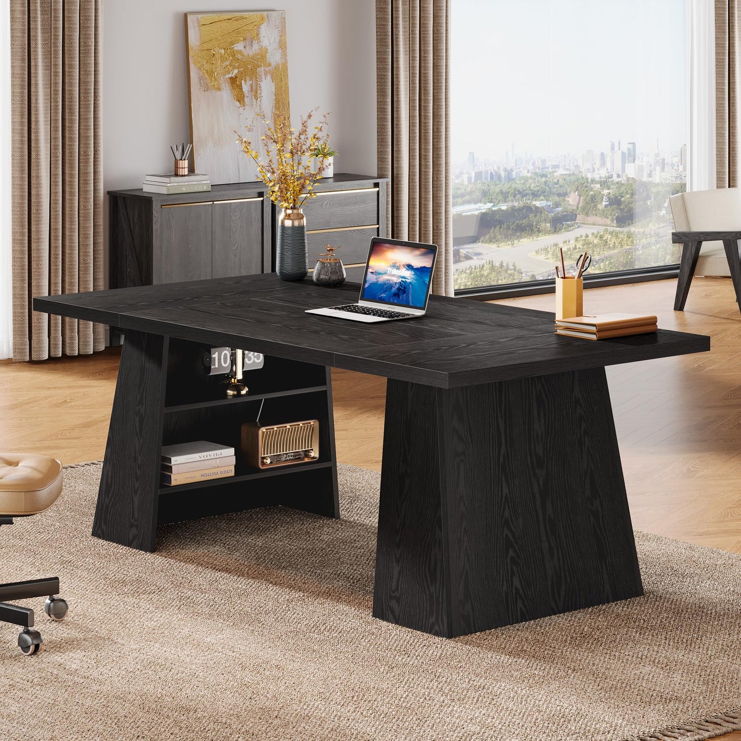 Tribesigns 63-Inch Executive Desk, Modern Black Office Desk with Double Pedestal and Storage Shelves, Simple Large Computer Writing Conference Table Workstations Business Furniture for Home Office