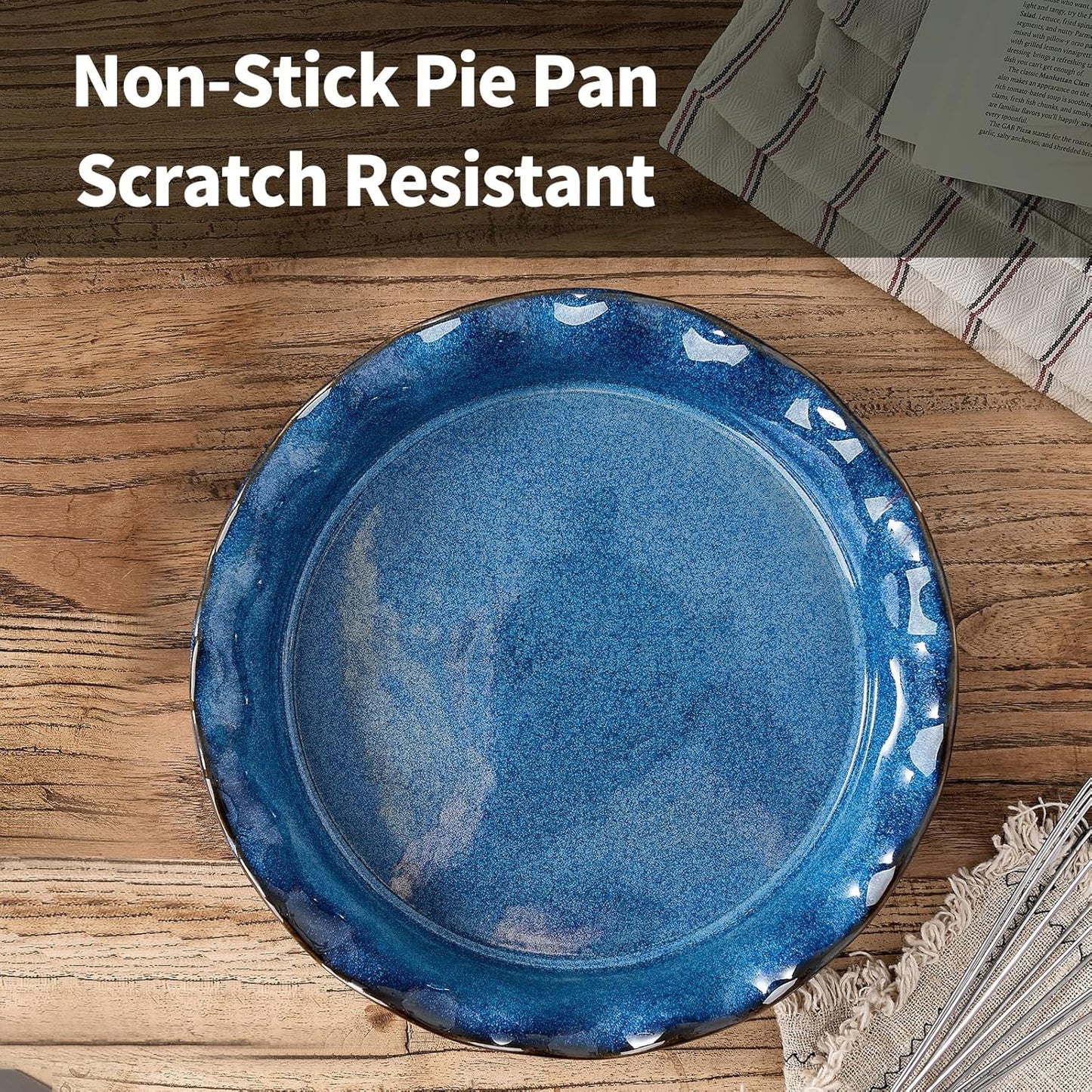 SIDUCAL Ceramic Pie Pan - Reusable Non-Stick Baking Dish with Ruffled Edge | Deep 10.5-Inch Active Blue