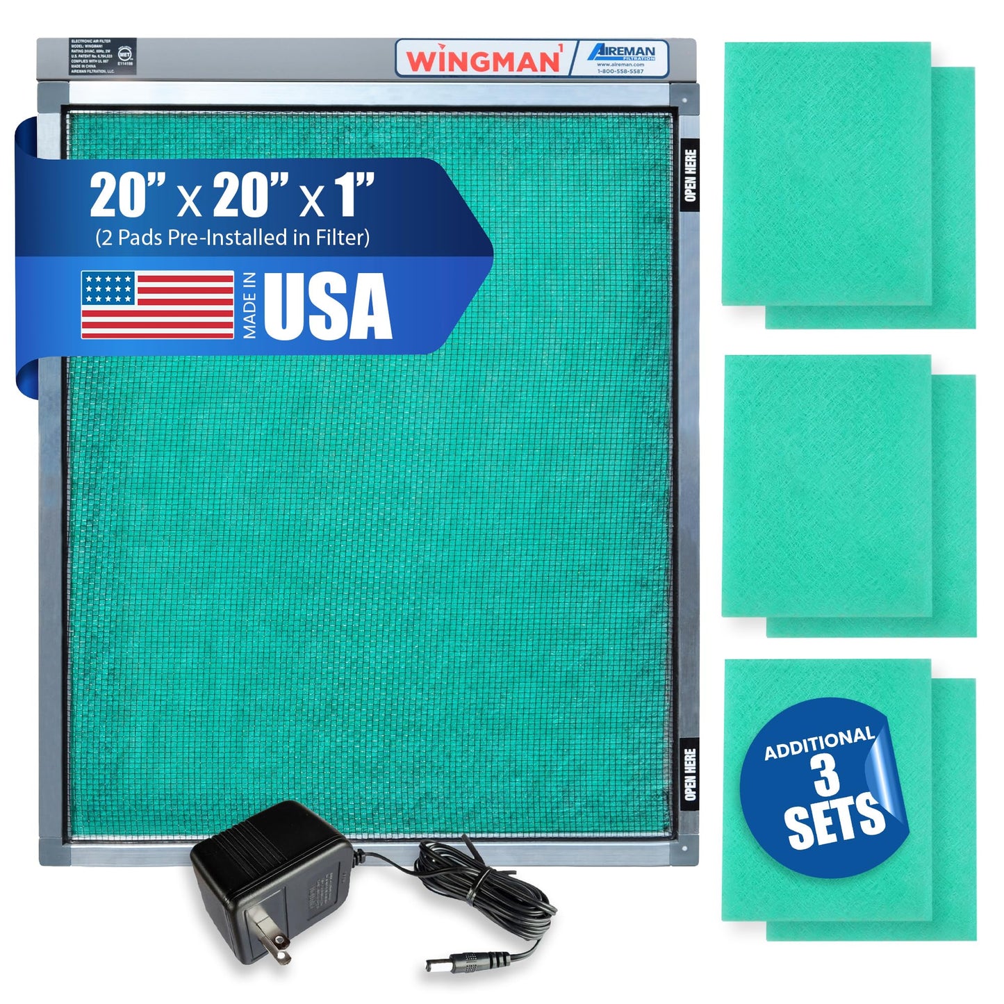 Wingman1 20x20x1 Polarized Media Electronic Air Filter - High Air Flow - Homeowner Installed - 1-Yr Supply of Replacement Pads - Simply Replace Your Current AC/Furnace Air Filter and PLUG IT IN!