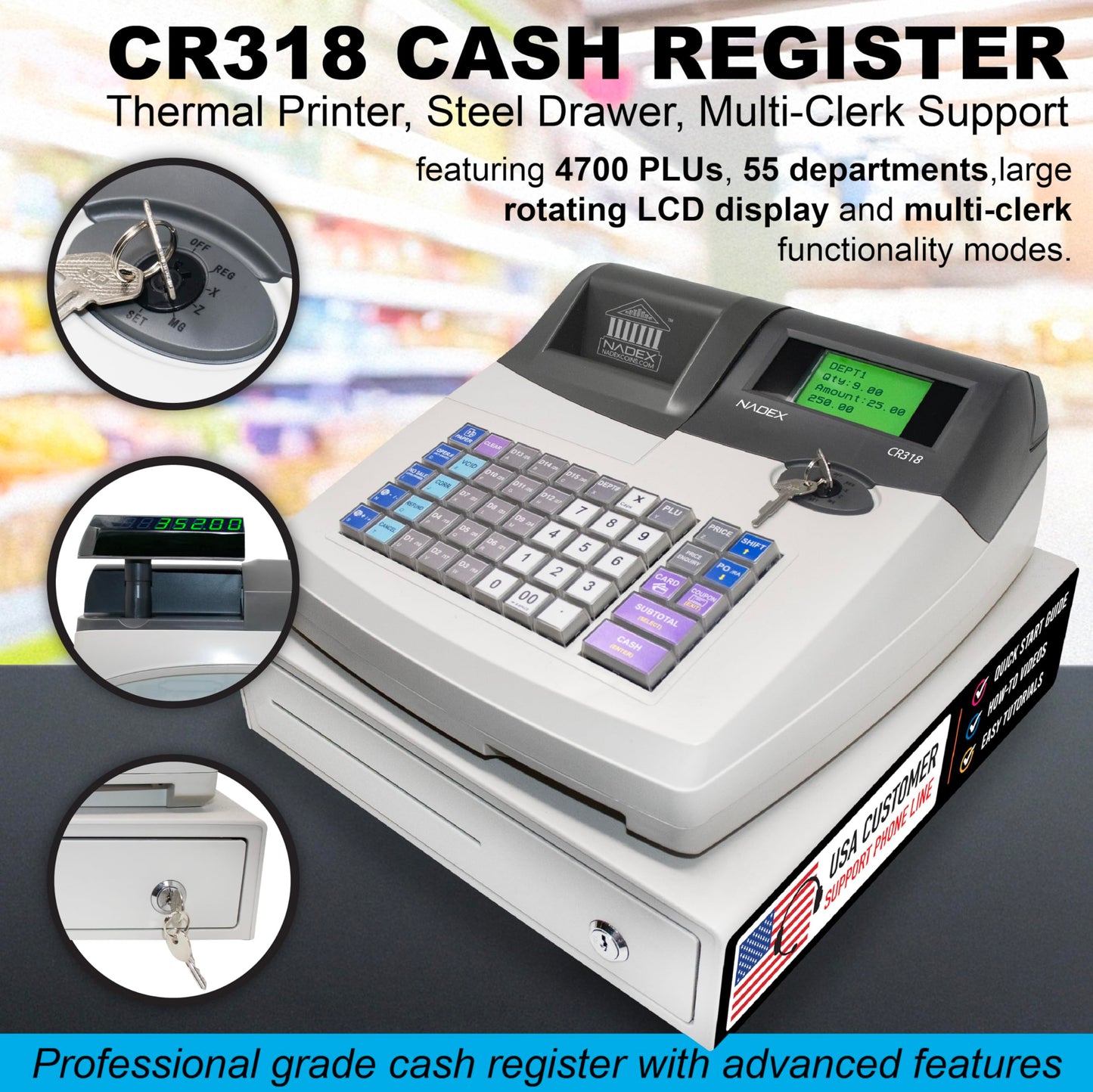 Nadex CR318 POS Cash Register, Thermal Printer, Steel Drawer, Multi-Clerk Support, White