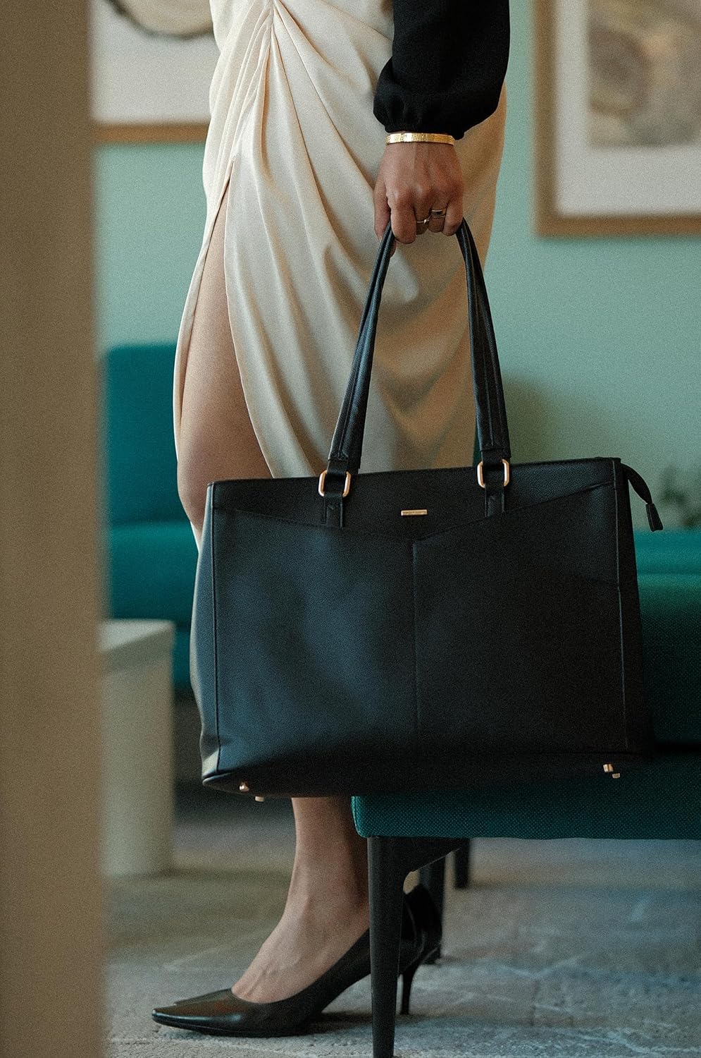 LOVEVOOK 15.6 Inch Laptop Tote Bag for Women Waterproof Leather Computer Bags Business Office Work Briefcase Black