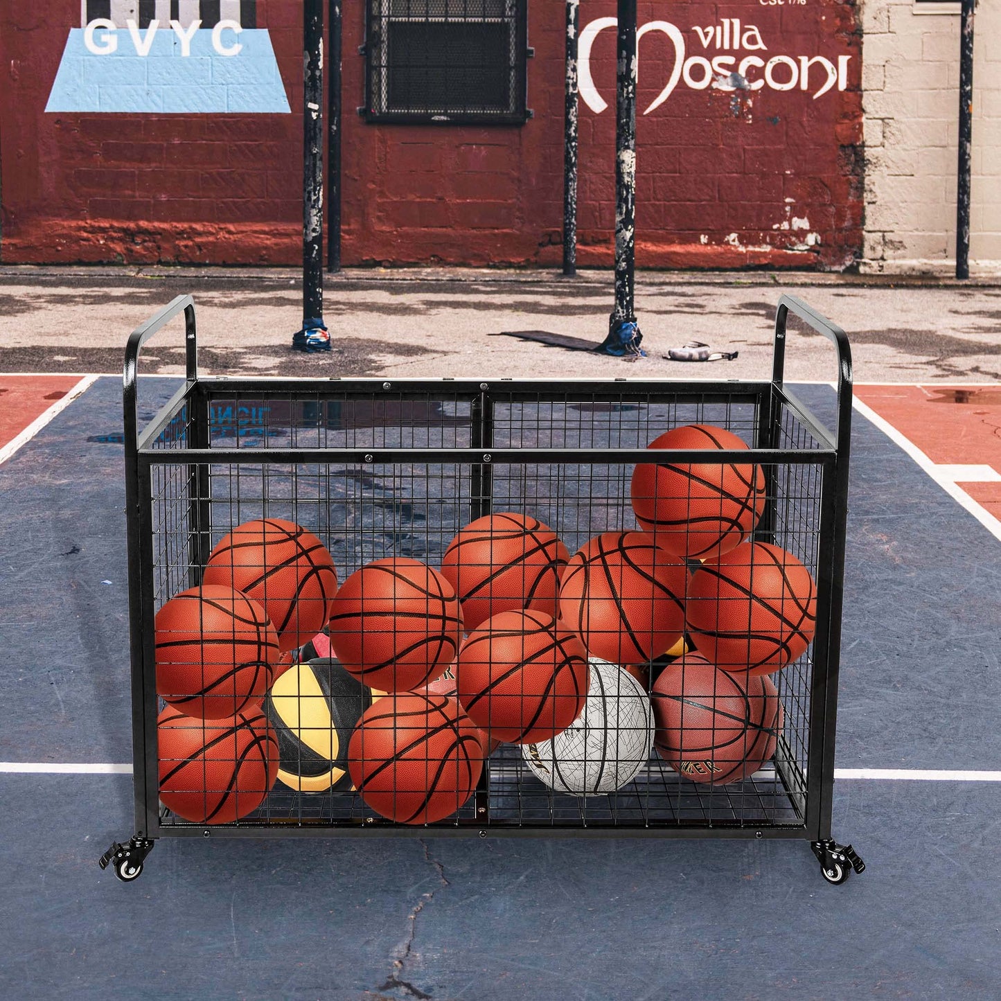 heodmaem Ball Cart Storage for Garage Compatible with Optional Divider, Extra Large Basketball Cage Bin for Indoor Outdoor, Heavy Duty Sports Equipment Organizer with Lockable Wheels for Gym, School