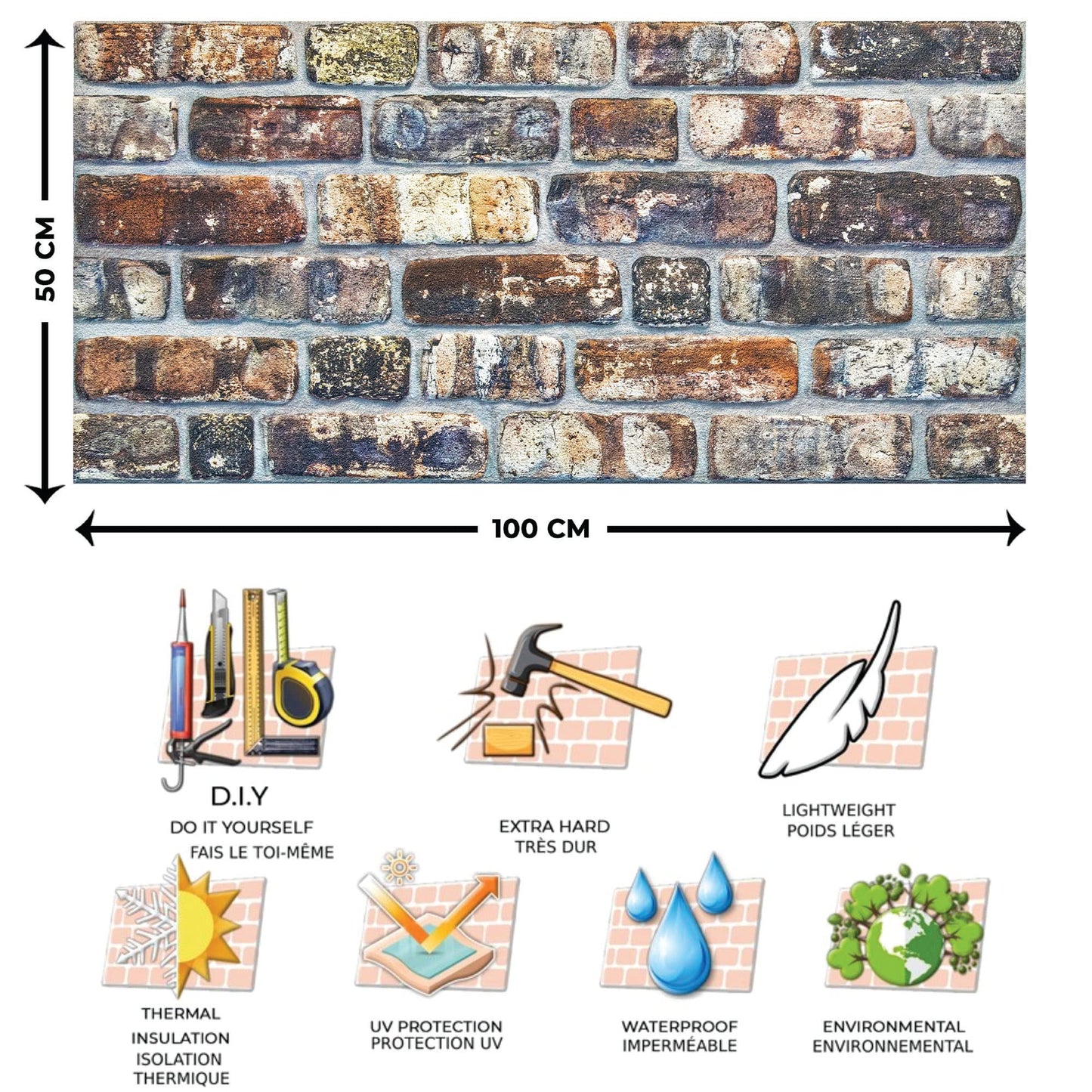 Dundee Deco 3D Wall Panels Faux Brick - Cladding, Multicolored Stone Look Wall Paneling, Styrofoam Facing for Living Room, Kitchen, Bathroom, Balcony, Bedroom, Set of 5, Covers 27 sq ft